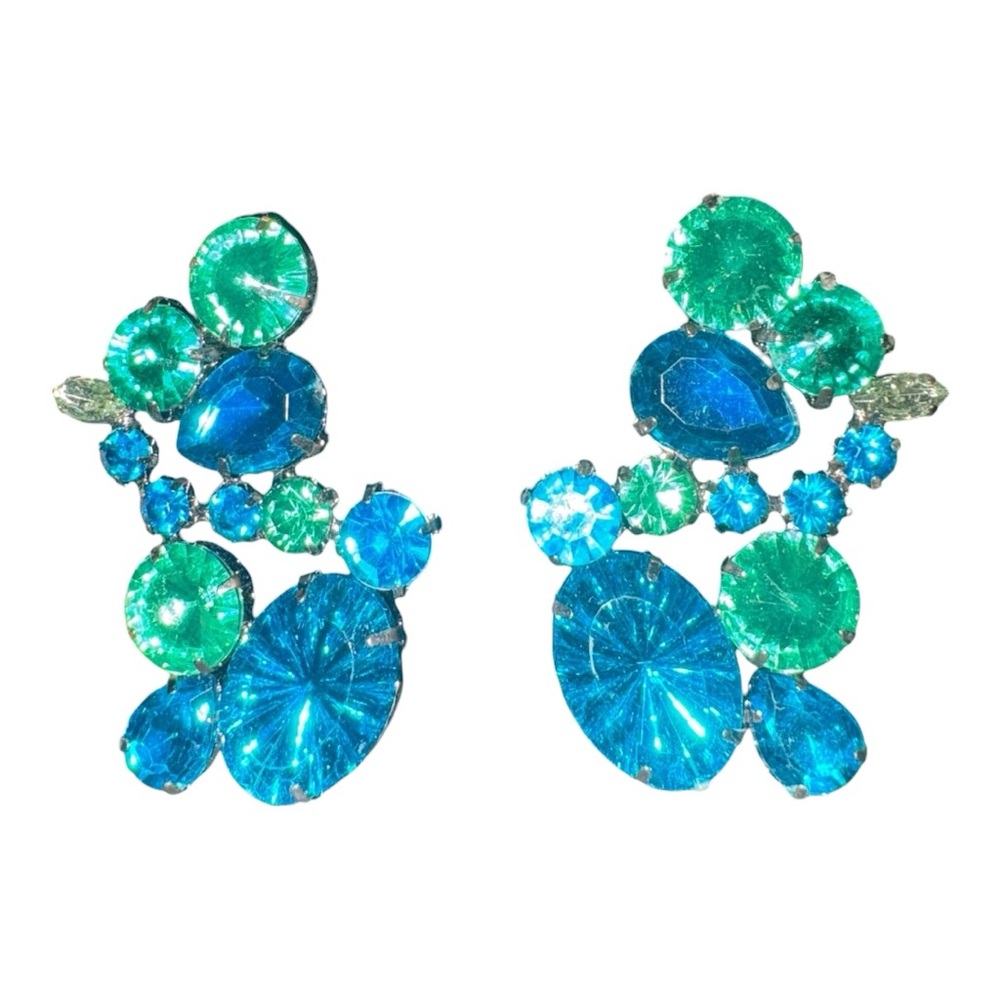 Blue Green Rhinestone Statement Drop Earrings Sil… - image 3